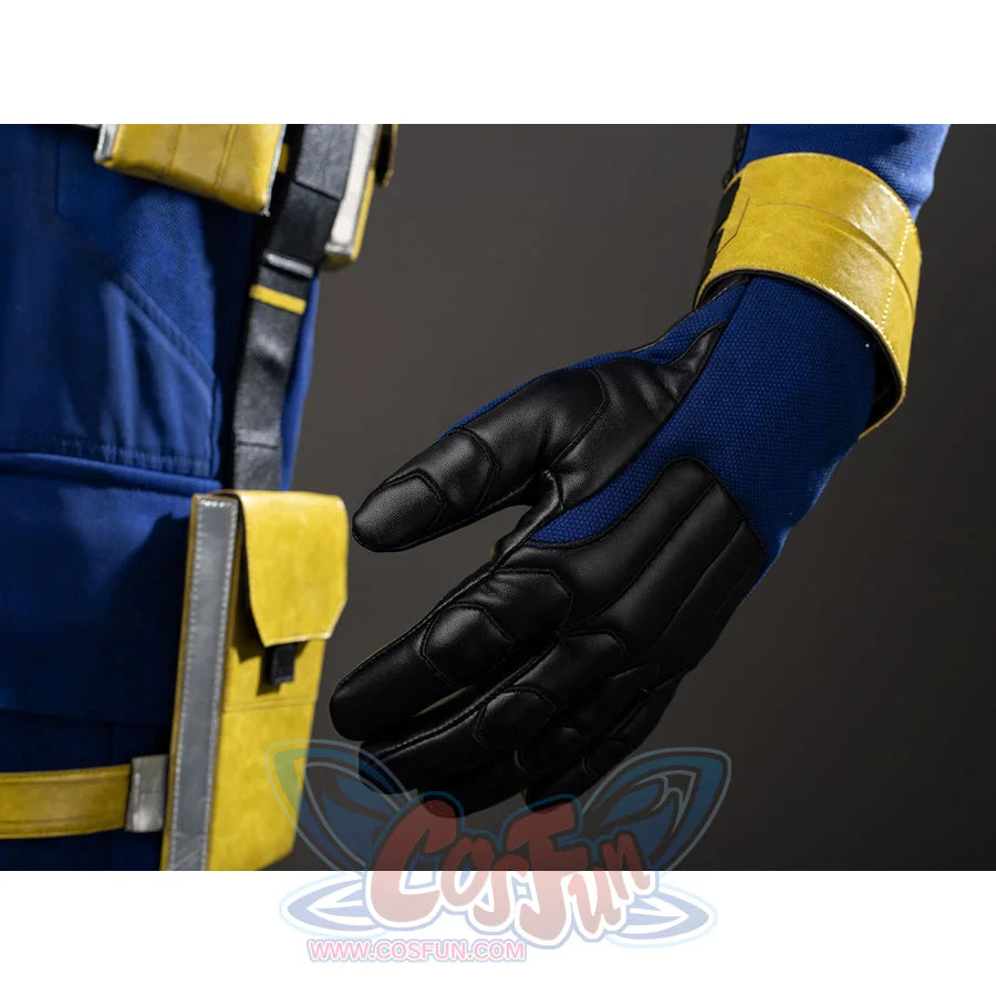 Scott Summers cosplay glove detail pairs black hand panels with a blue sleeve and yellow wristband.