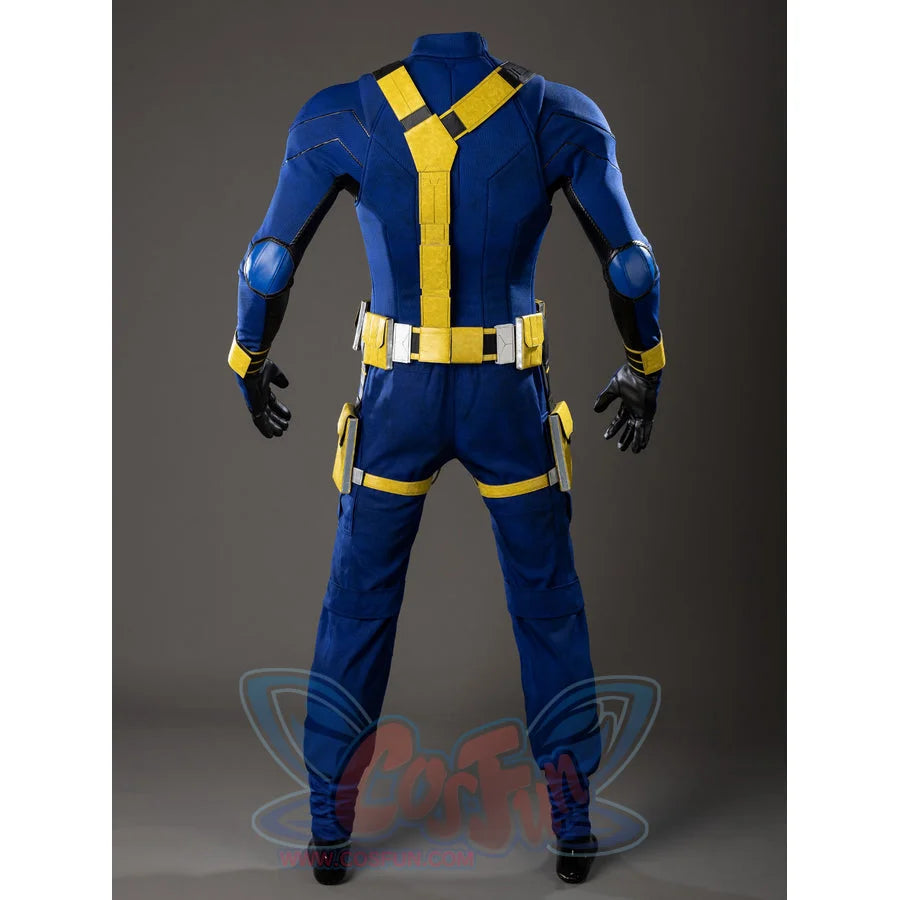 Scott Summers cosplay jumpsuit back view crosses yellow straps over blue shoulder panels and a utility belt.