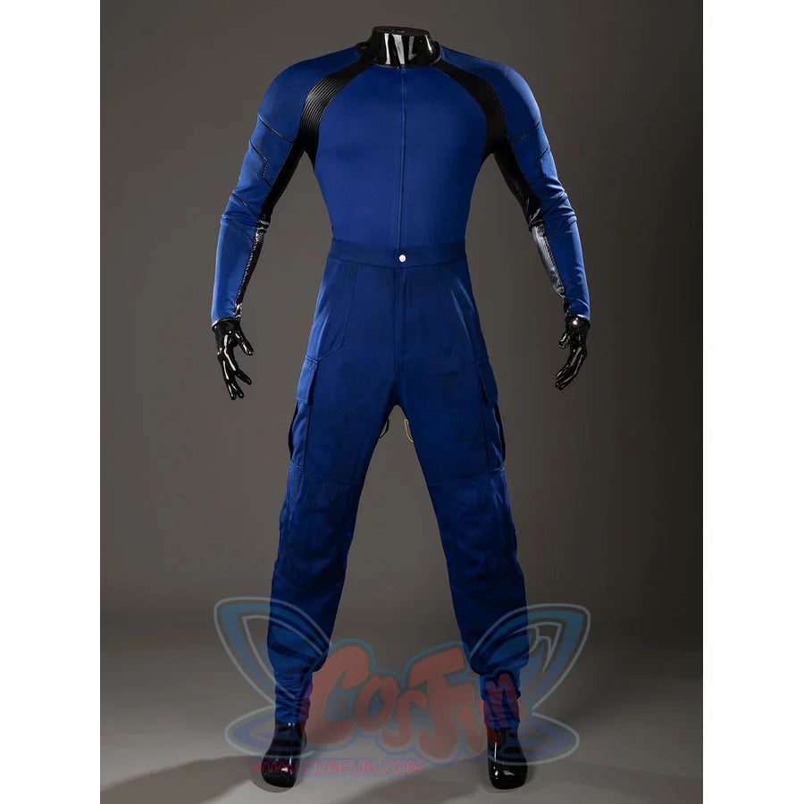 Scott Summers cosplay jumpsuit back view keeps black shoulder panels over a clean blue fitted torso.