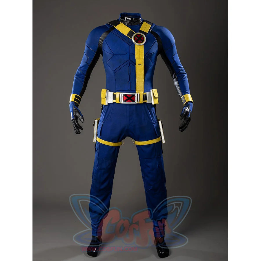 Scott Summers cosplay jumpsuit front view pairs raised blue panel seams with yellow belt pouches and black gloves.