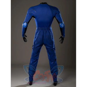 Scott Summers cosplay jumpsuit rear view traces blue back seams from collar to gathered waist.