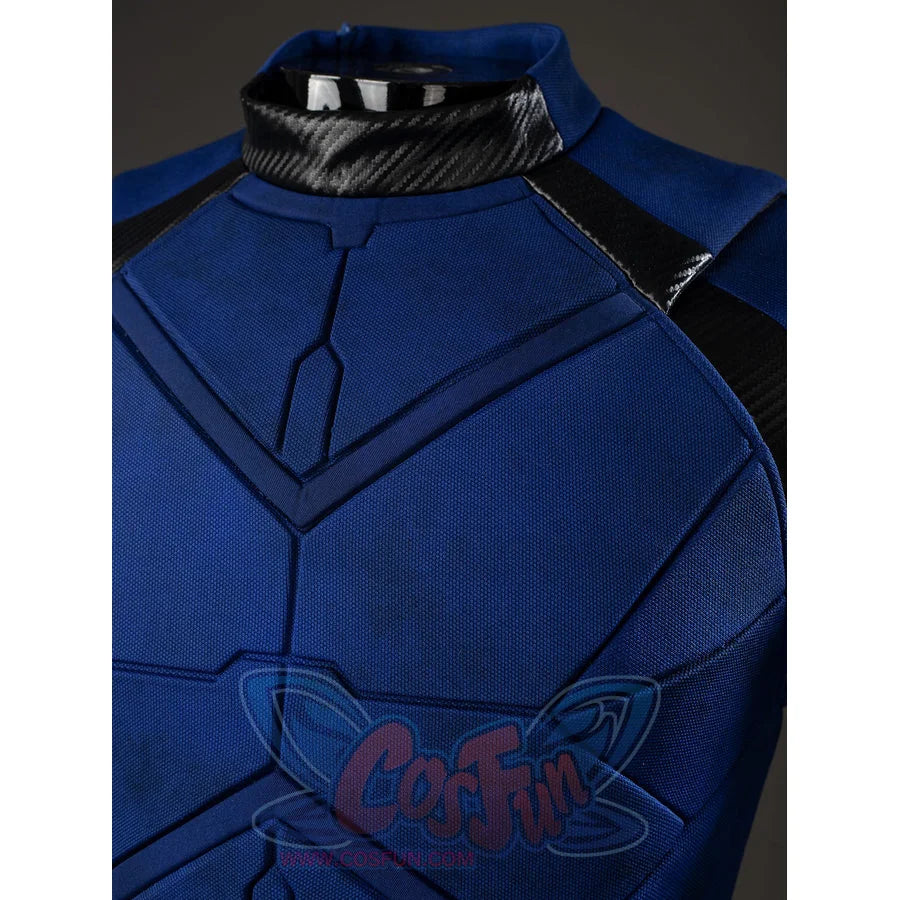 Scott Summers cosplay neckline detail sets black collar trim above angular blue chest seams.