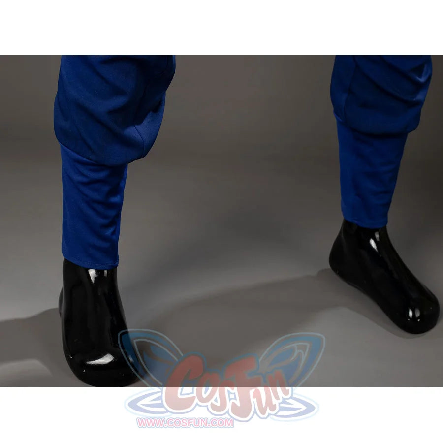 Scott Summers cosplay pants cuff detail tapers blue legs below gathered knees into narrow ankle openings.