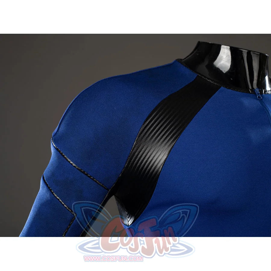 Scott Summers cosplay shoulder detail layers glossy black trim between collar and blue sleeve panels.