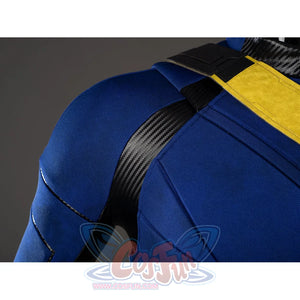 Scott Summers cosplay shoulder detail contrasts blue fabric panels with black ribbed side trim.
