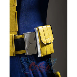 Scott Summers cosplay side pouch close-up layers yellow flaps beside gray belt plates and blue fabric.