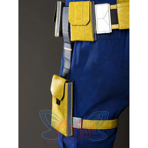Scott Summers cosplay thigh pouch detail hangs yellow flap pockets from the belt over blue pants.