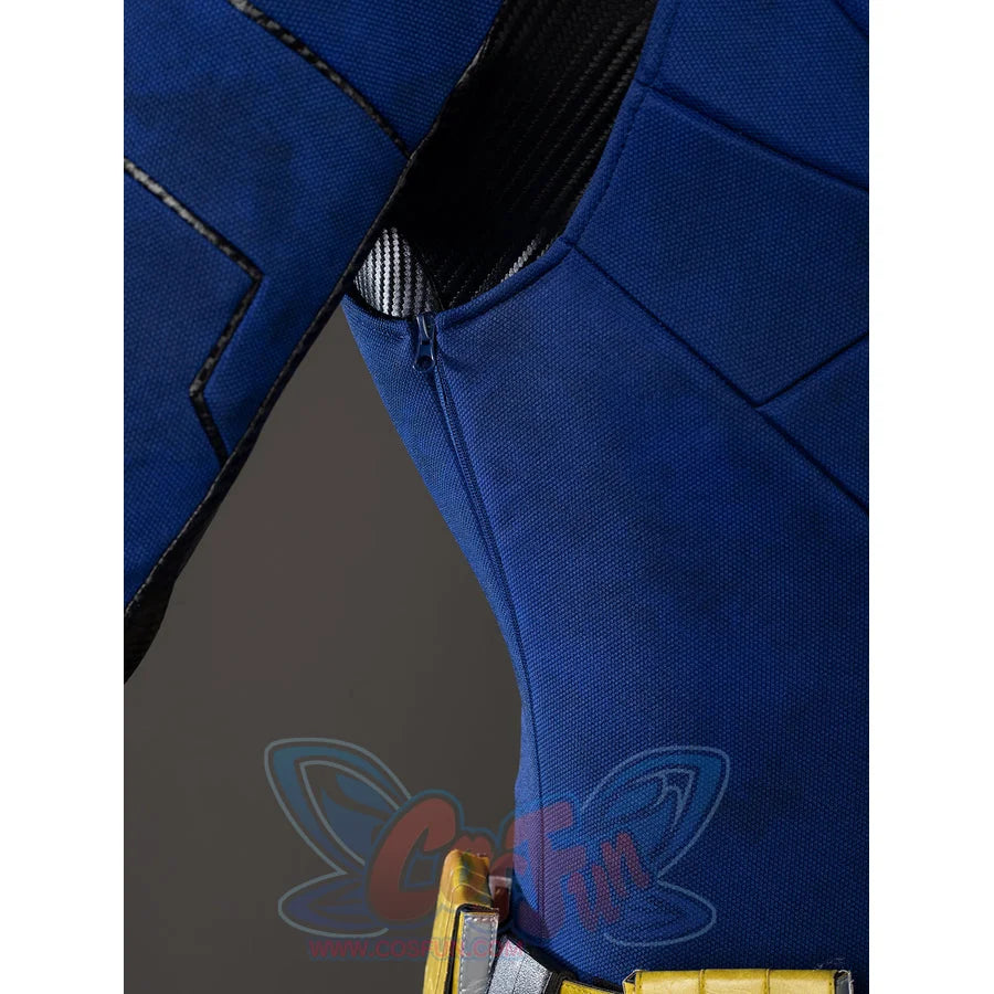 Scott Summers cosplay torso side detail sets black ribbed trim between raised blue fabric panels.