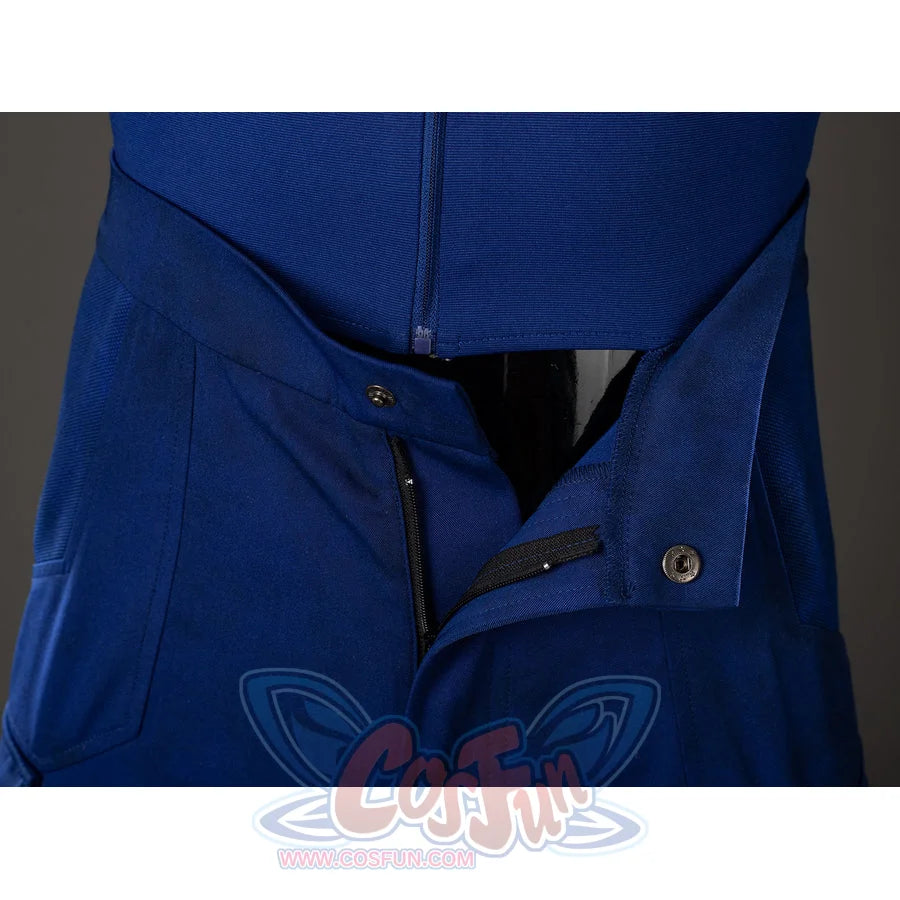 Scott Summers cosplay waist closure detail layers blue fabric around the zipper, snap button and pocket edge.