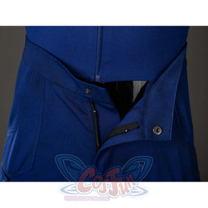Scott Summers cosplay waist closure detail layers blue fabric around the zipper, snap button and pocket edge.