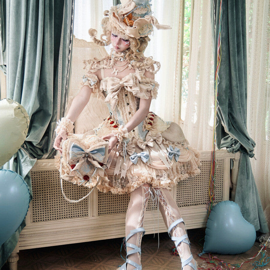 Side styling view showing the lace cake skirt volume and ruffled hem