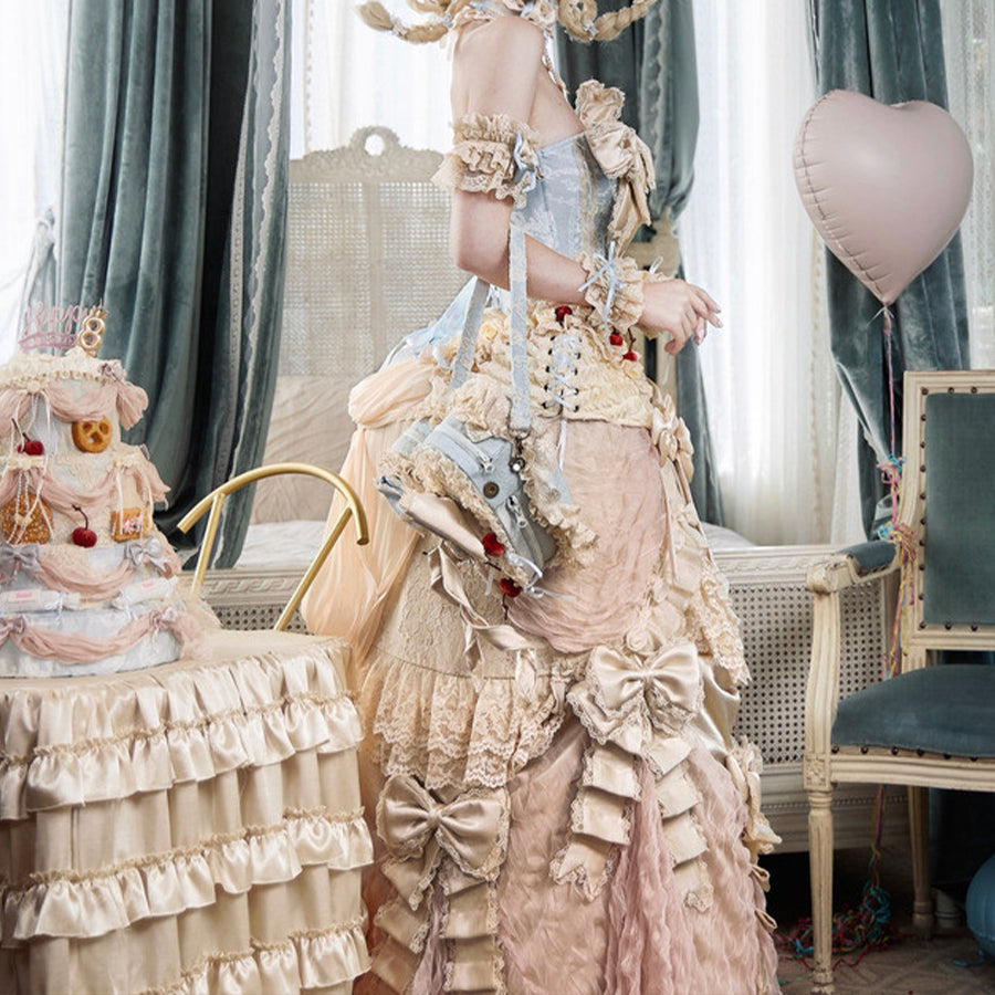 Side styling view of a Rococo Lolita skirt with soft cream and blush layers