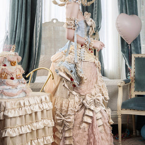 Side styling view of a Rococo Lolita skirt with soft cream and blush layers