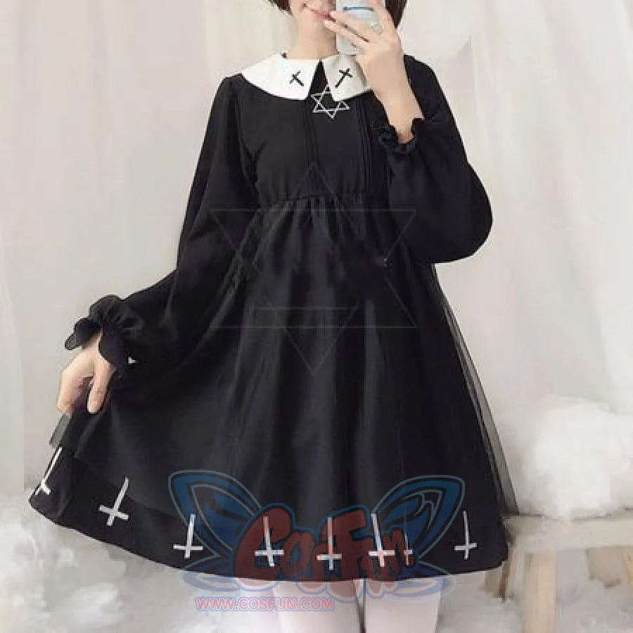 Simple Fashion Cross Print Lolita Tulle Dress Black Short Sleeve / S