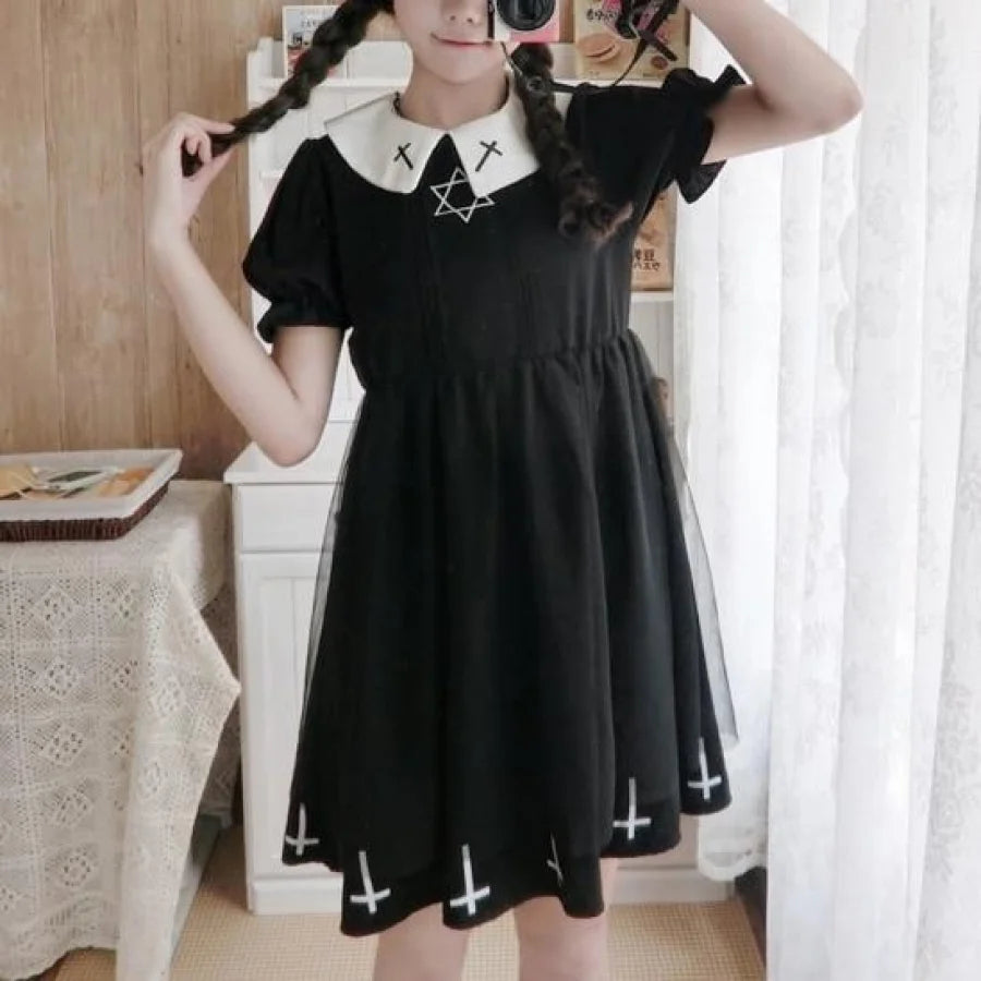 Simple Fashion Cross Print Lolita Tulle Dress - cosfun Simple Fashion Cross Print Lolita Tulle Dress - cosfun