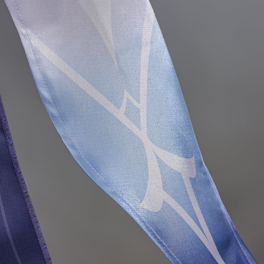 Genshin Impact Snezhnaya Odette cosplay sheer side panel detail traces pale linework through blue fabric.