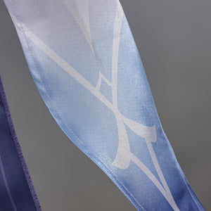 Genshin Impact Snezhnaya Odette cosplay sheer side panel detail traces pale linework through blue fabric.
