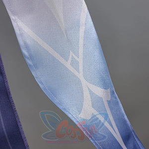 Genshin Impact Snezhnaya Odette cosplay sheer side panel detail traces pale linework through blue fabric.