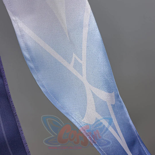Genshin Impact Snezhnaya Odette cosplay sheer side panel detail traces pale linework through blue fabric.