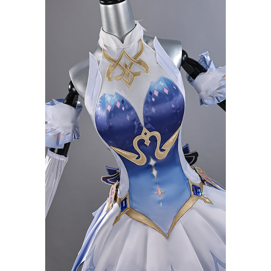 Genshin Impact Snezhnaya Odette cosplay bodice close-up frames gold-tone collar loops above blue panels.