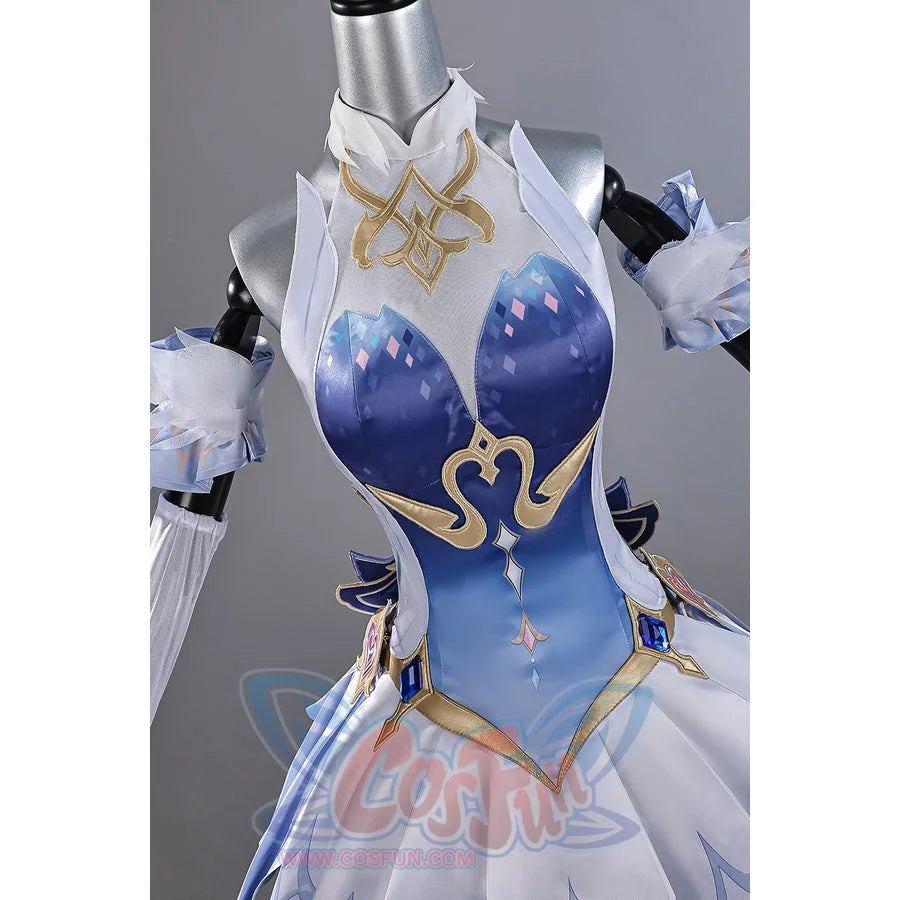 Genshin Impact Snezhnaya Odette cosplay bodice close-up frames gold-tone collar loops above blue panels.