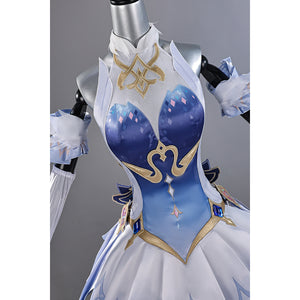 Genshin Impact Snezhnaya Odette cosplay bodice close-up frames gold-tone collar loops above blue panels.