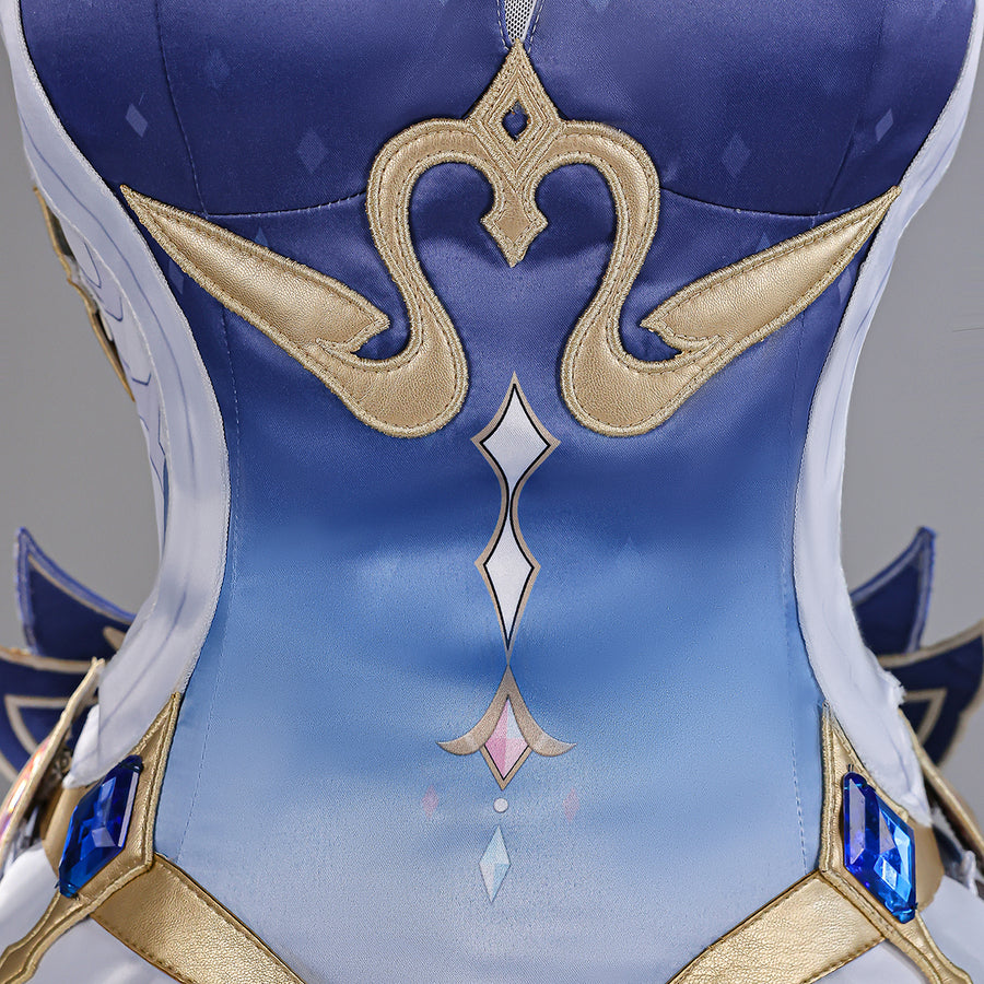 Genshin Impact Snezhnaya Odette cosplay bodice detail traces gold-tone scrollwork over blue gradient panels.