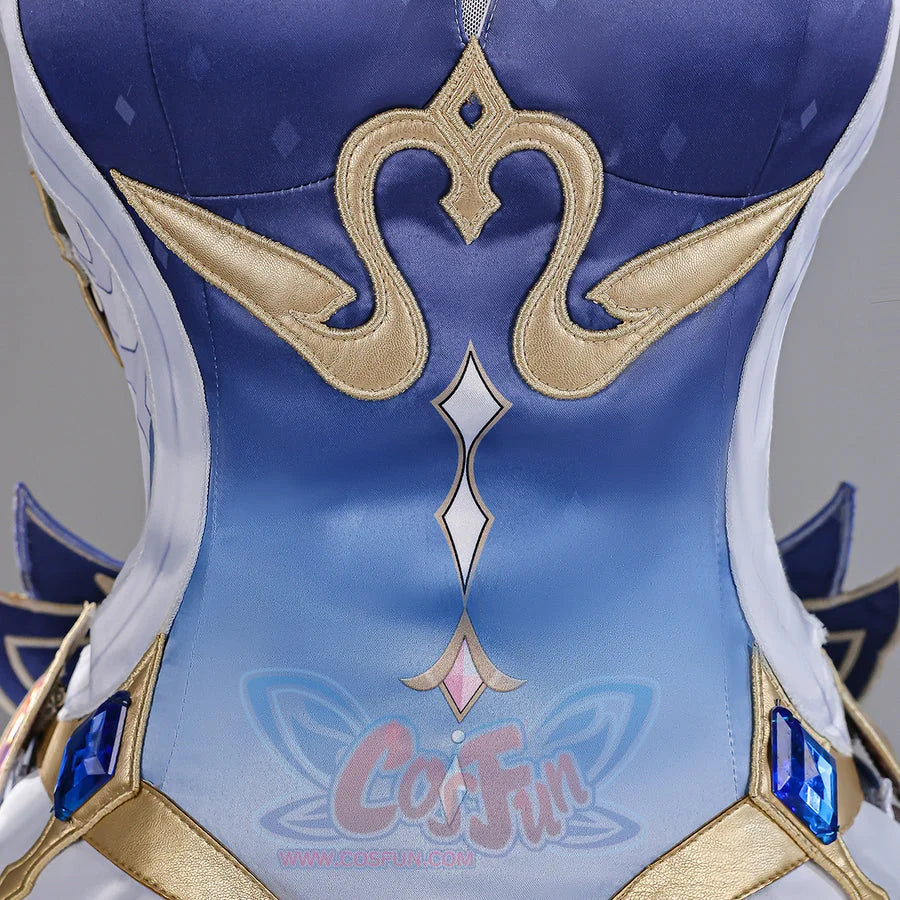 Genshin Impact Snezhnaya Odette cosplay bodice detail traces gold-tone scrollwork over blue gradient panels.
