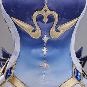 Genshin Impact Snezhnaya Odette cosplay bodice detail traces gold-tone scrollwork over blue gradient panels.