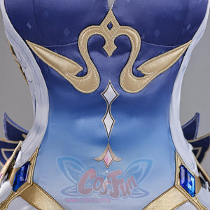 Genshin Impact Snezhnaya Odette cosplay bodice detail traces gold-tone scrollwork over blue gradient panels.
