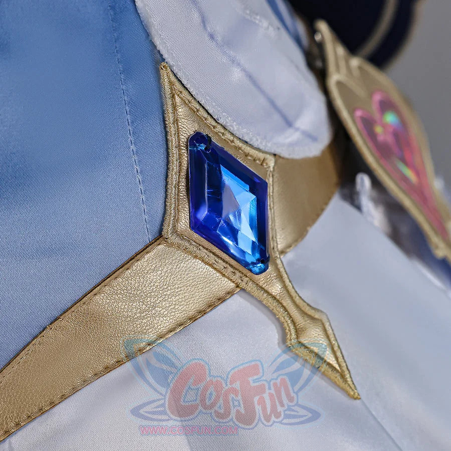 Genshin Impact Snezhnaya Odette cosplay waist detail anchors a blue rectangular accent inside gold-tone trim.