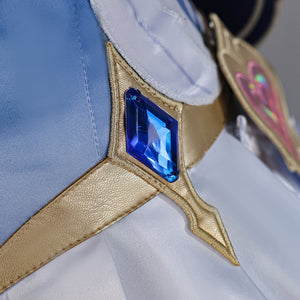 Genshin Impact Snezhnaya Odette cosplay waist detail anchors a blue rectangular accent inside gold-tone trim.