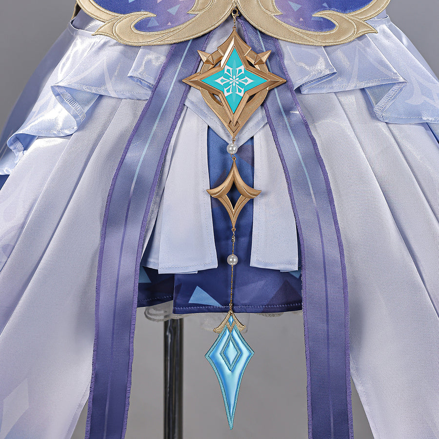 Genshin Impact Snezhnaya Odette cosplay back waist detail gathers layered blue tails around a turquoise charm.