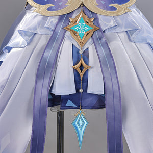 Genshin Impact Snezhnaya Odette cosplay back waist detail gathers layered blue tails around a turquoise charm.