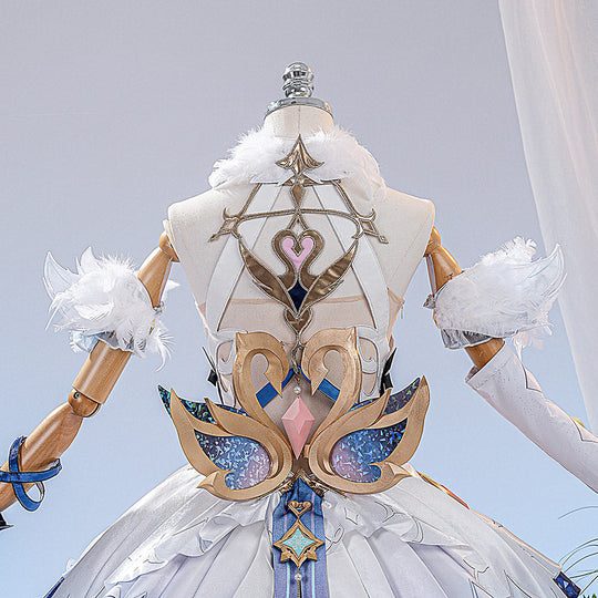 Genshin Impact Snezhnaya Odette cosplay costume back detail anchors feathered sleeves around swan-shaped trim.