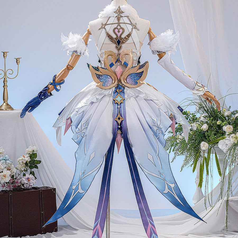 Genshin Impact Snezhnaya Odette cosplay costume back view spreads wing-like skirt tails below gold-tone trim.