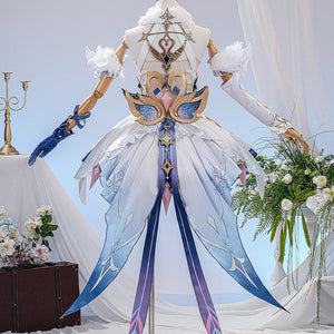 Genshin Impact Snezhnaya Odette cosplay costume back view spreads wing-like skirt tails below gold-tone trim.