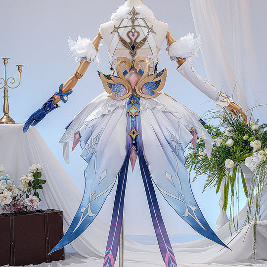 Genshin Impact Snezhnaya Odette cosplay costume back view spreads wing-like skirt tails below gold-tone trim.