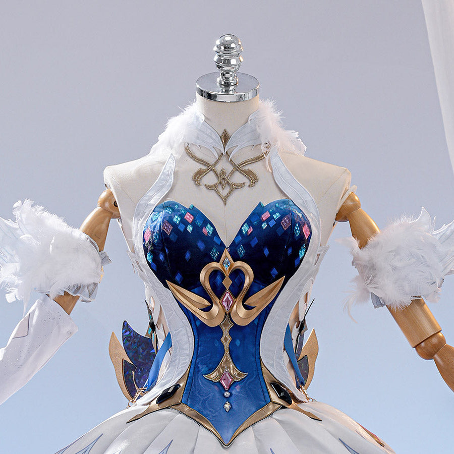 Genshin Impact Snezhnaya Odette cosplay costume bodice detail frames blue panels beside gold-tone swan trim.
