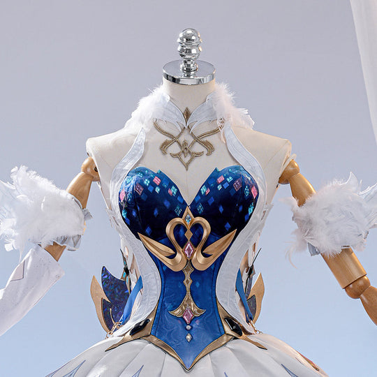 Genshin Impact Snezhnaya Odette cosplay costume bodice detail frames blue panels beside gold-tone swan trim.