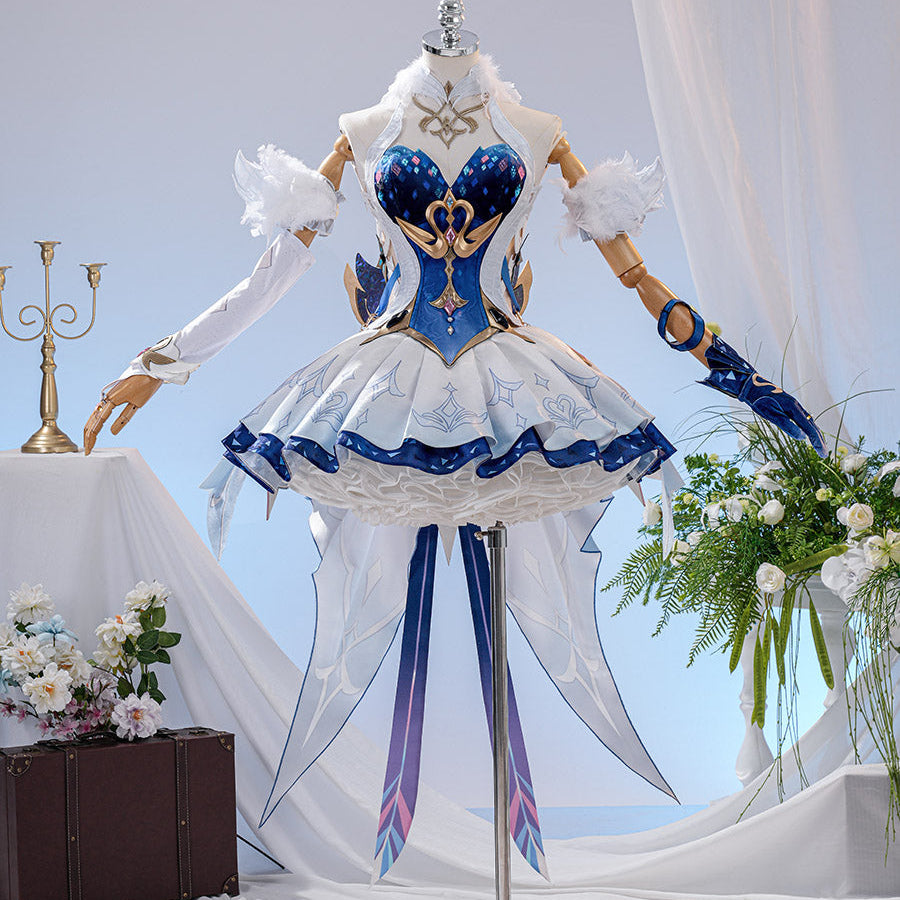Genshin Impact Snezhnaya Odette cosplay costume front view sets feathered sleeves around a blue bodice.