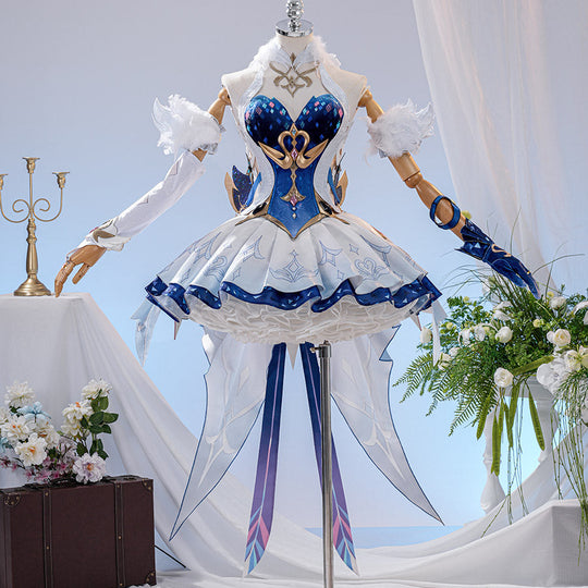 Genshin Impact Snezhnaya Odette cosplay costume front view sets feathered sleeves around a blue bodice.