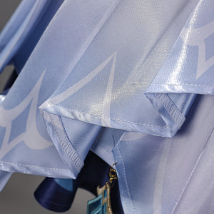 Genshin Impact Snezhnaya Odette cosplay satin hem detail folds pale blue fabric beneath translucent layers.
