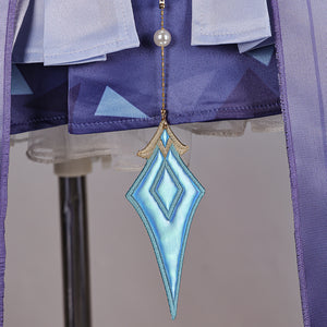 Genshin Impact Snezhnaya Odette cosplay hanging blue charm drops from the skirt center below layered panels.