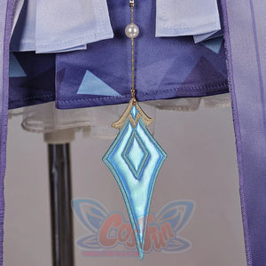 Genshin Impact Snezhnaya Odette cosplay hanging blue charm drops from the skirt center below layered panels.