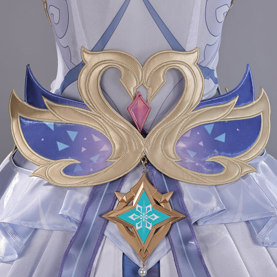 Genshin Impact Snezhnaya Odette cosplay back ornament close-up centers a heart motif above a turquoise charm.