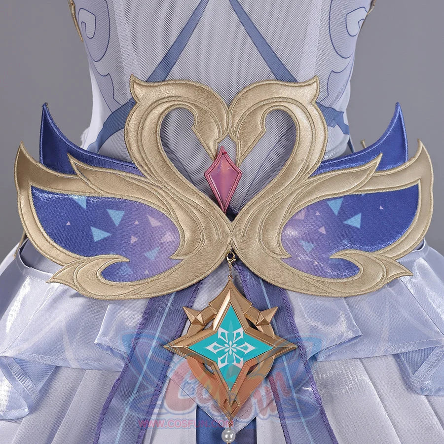 Genshin Impact Snezhnaya Odette cosplay back ornament close-up centers a heart motif above a turquoise charm.