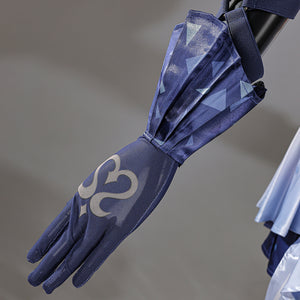 Genshin Impact Snezhnaya Odette cosplay blue glove detail sets pale scrollwork over a fitted hand panel.
