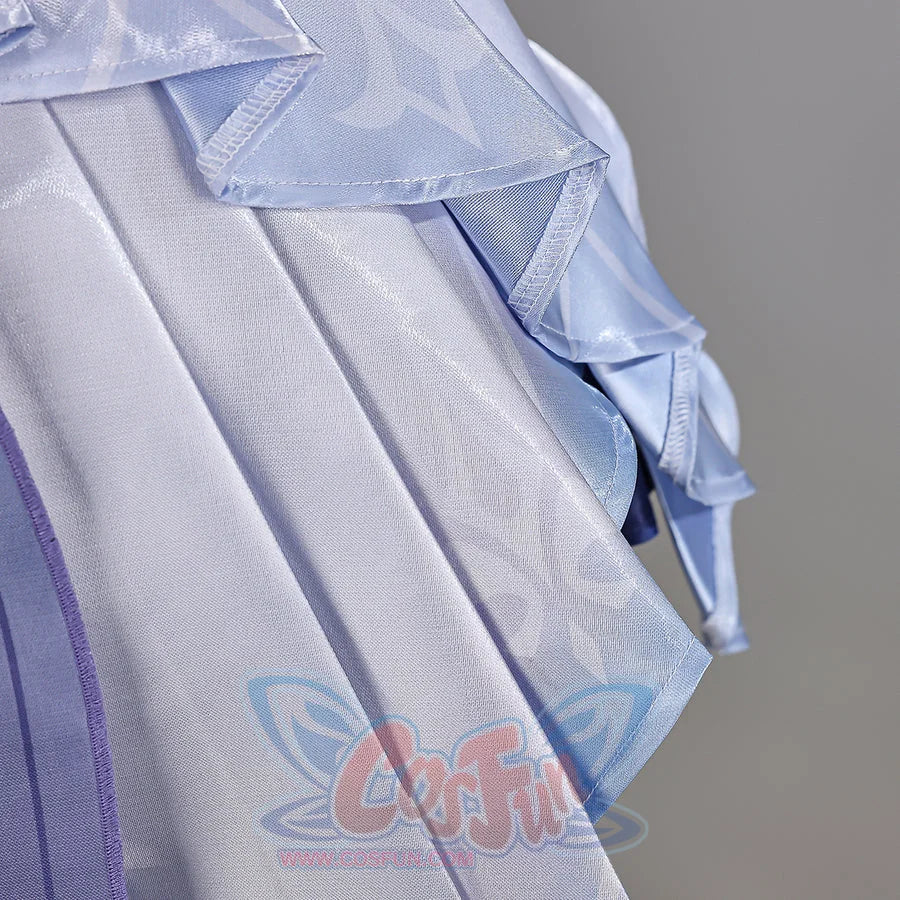 Genshin Impact Snezhnaya Odette cosplay skirt fold detail layers glossy pale panels beside narrow purple trim.