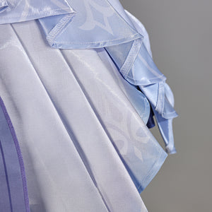Genshin Impact Snezhnaya Odette cosplay skirt fold detail layers glossy pale panels beside narrow purple trim.